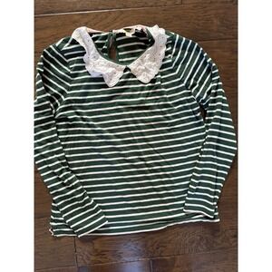 Boden Green Striped Long Sleeve Top with Eyelet Collar for Girls Size 8 Preppy